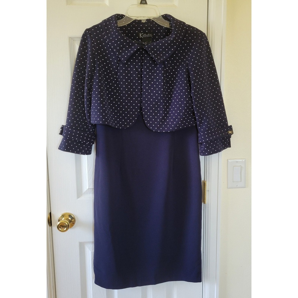 K Studio Collection‎ Jacket Dress Size 8 Navy Blue Polka Dot 3/4 Sleeve Bolero